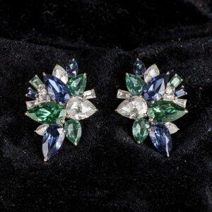 Multicolor Sapphire & Diamond 14k (18k Custom) White Gold Floral Stud Earrings